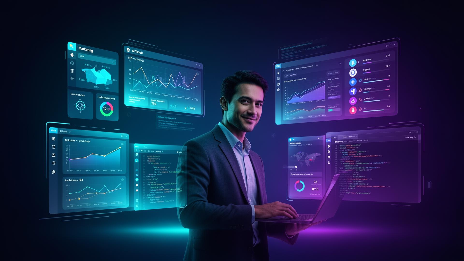 Profesionist digital lucrând cu AI, dashboards de marketing și analytics